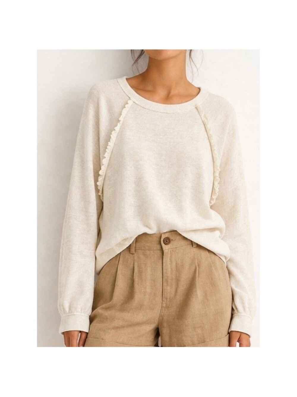 Anthropologie Pilcro Ruffled Raglan Thermal Top Cream Long Sleeve Large Boho